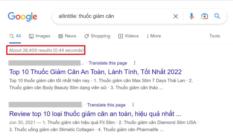 Giao diện Google Search hiển thị kết quả Allintitle:cách tính báo cáo kết quả kinh doanh