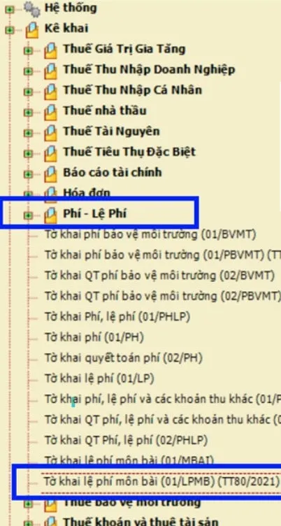 HTKK menu for Lệ phí môn bài