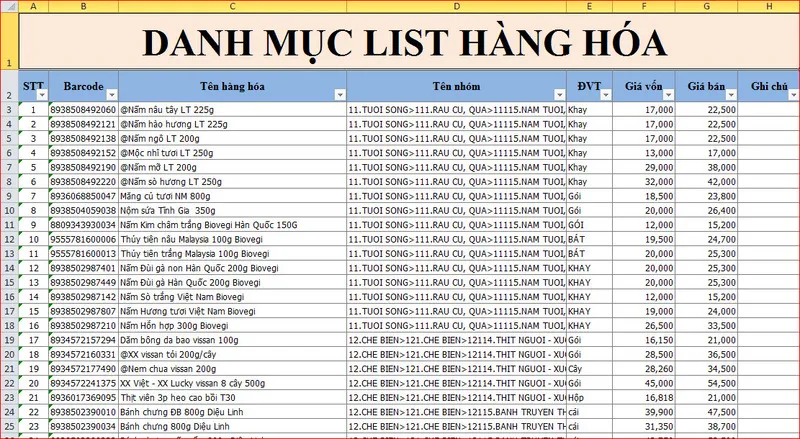 Giao diện mẫu minh họa các trường thông tin quản lý nhập kho bằng Excel