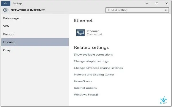 Giao diện cài đặt kết nối Ethernet trong phần quản lý mạng internet của Windows