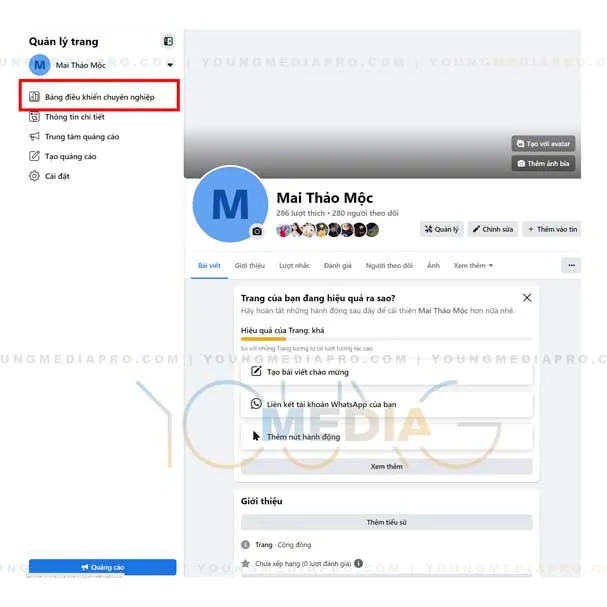 Menu Bảng điều khiển chuyên nghiệp để bắt đầu quá trình phân quyền truy cập trang Facebook