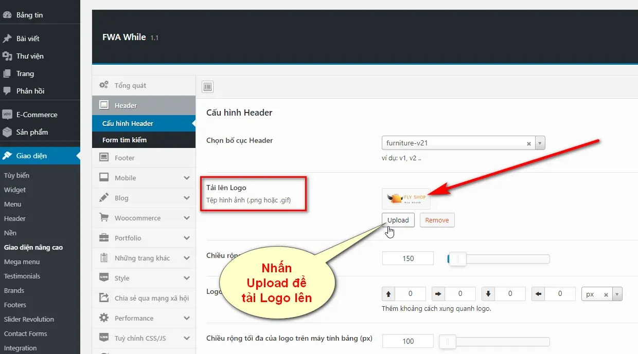 Giao diện tải lên Logo trong khu vực quản trị website bán hàng