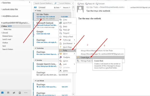 Menu ngữ cảnh khi nhấp chuột phải vào email hiển thị tùy chọn "Rules" và "Create Rule"