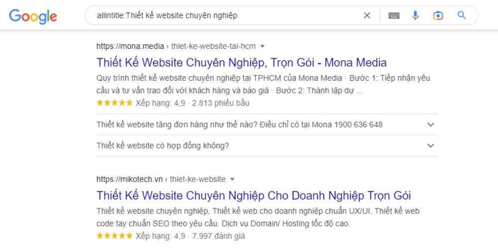 Ví dụ cú pháp câu lệnh Allintitle trên Google Search