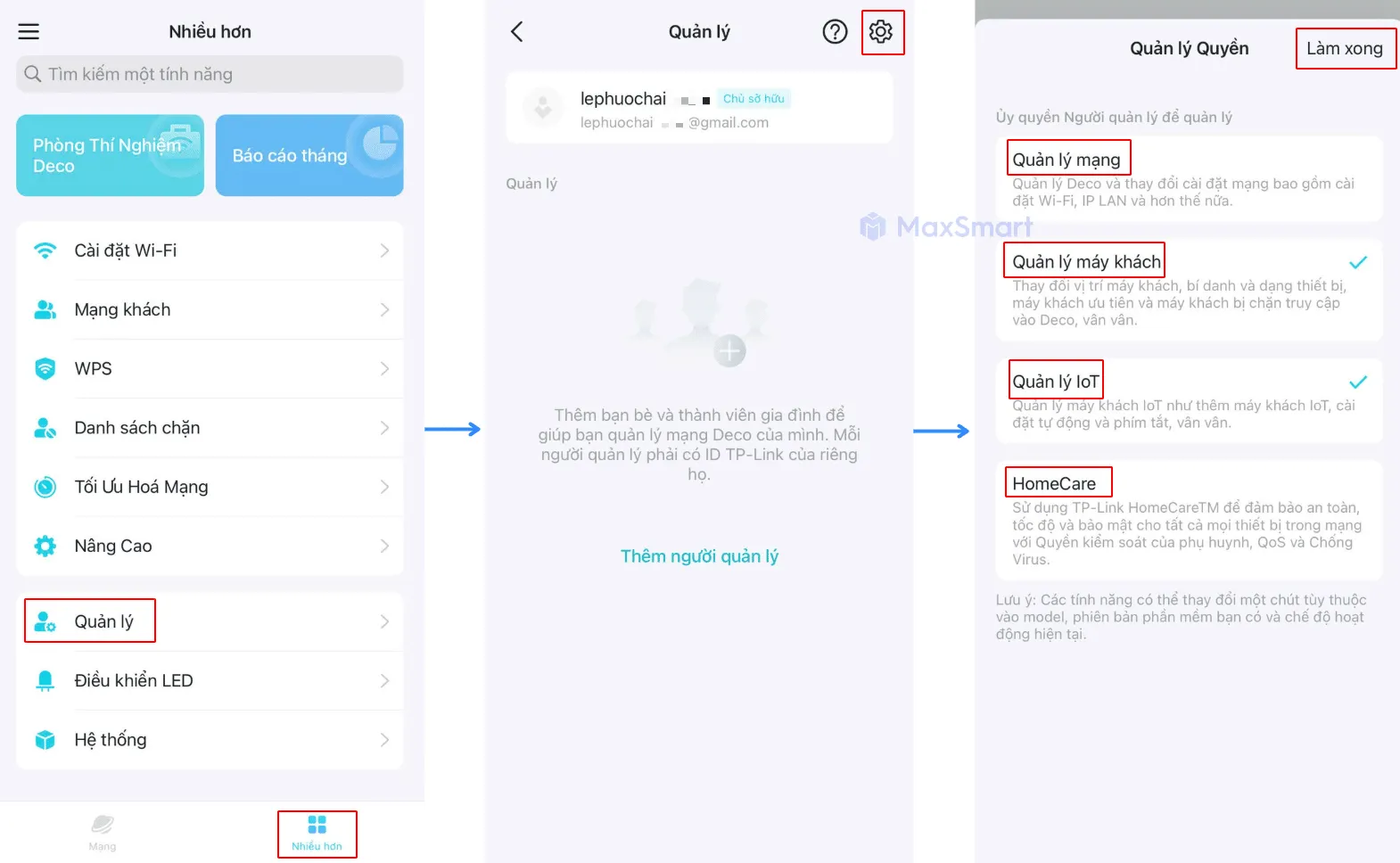 Chọn các quyền quản lý mà tài khoản phụ sẽ được cấp trên ứng dụng TP-Link Deco