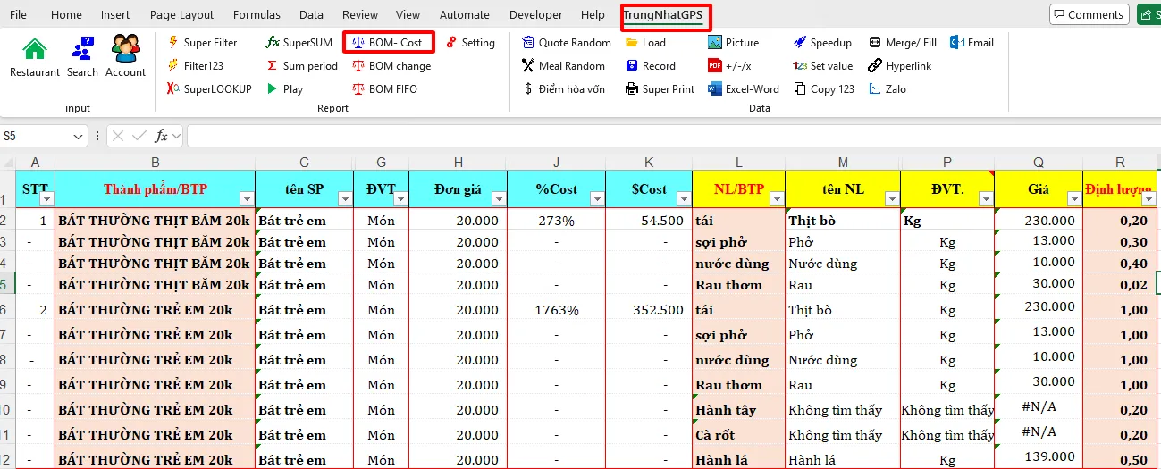 Giao diện tính giá thành sản phẩm và cost nguyên vật liệu trong phần mềm quản lý thực phẩm nhà hàng