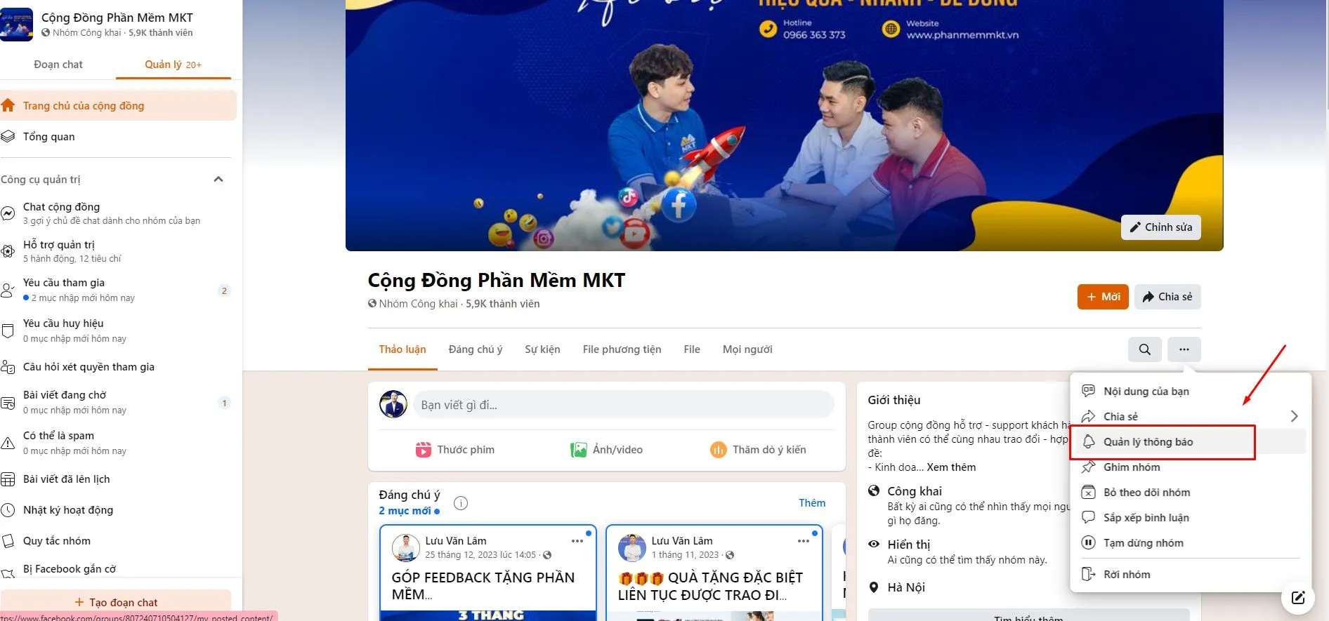 Quản trị viên cần bật thông báo để kiểm soát yêu cầu tham gia và bài đăng mới kịp thời