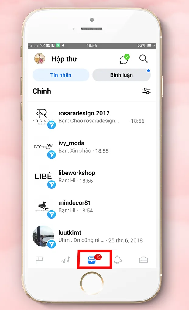 Giao diện hộp thư trên ứng dụng Page Manager cho phép quản lý tin nhắn và bình luận