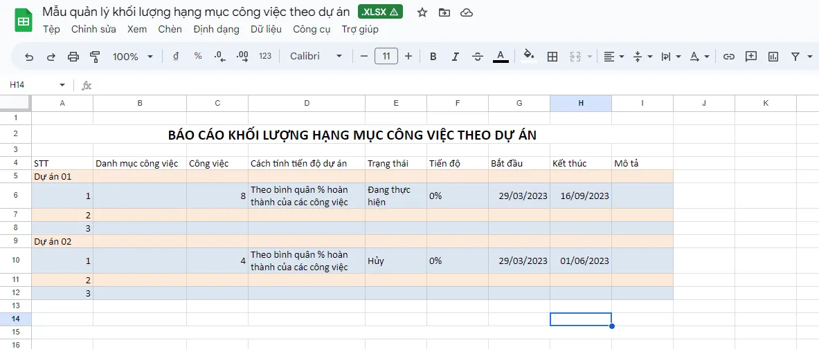 Mẫu excel quản lý khối lượng hạng mục công việc theo dự án giúp theo dõi tiến độ hoàn thành công việc theo tỷ lệ phần trăm