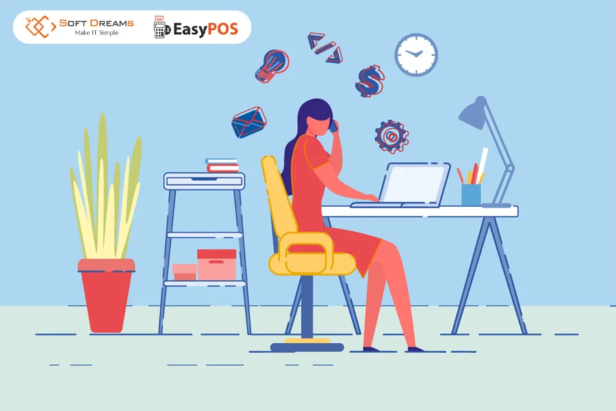 Chủ cửa hàng kiểm tra báo cáo trên laptop, minh họa những thách thức khi quản lý cửa hàng từ xa