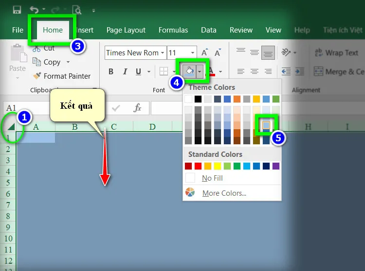 Thao tác tô màu nền cho toàn bộ sheet Excel để tạo giao diện điều khiển chính cho file quản lý kho